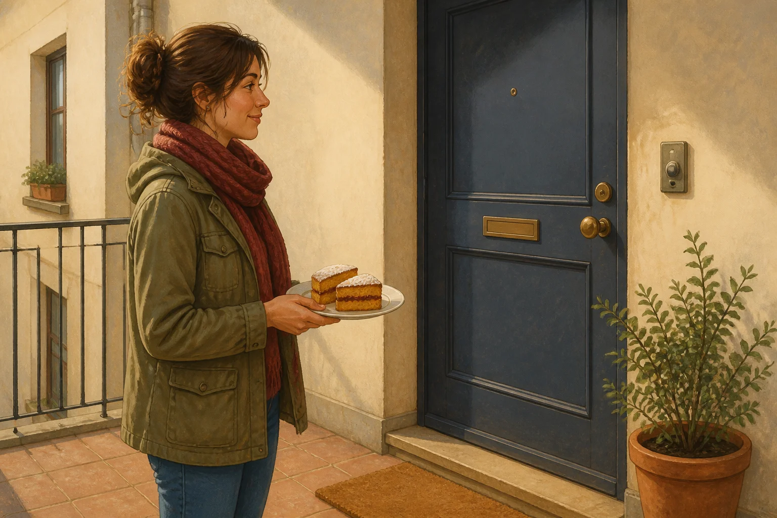 Eva stands outside her neighbour's flat holding a plate with two slices of homemade cake.
