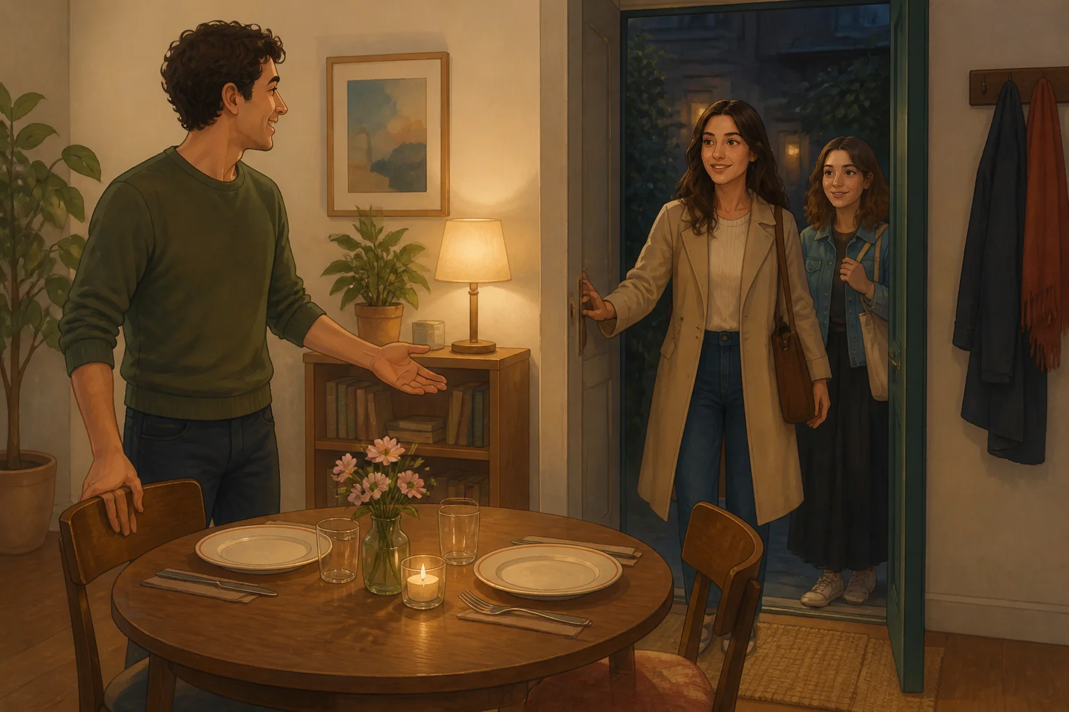 Luca has set a small dinner table with two plates as Sara arrives at the open door with her sister.