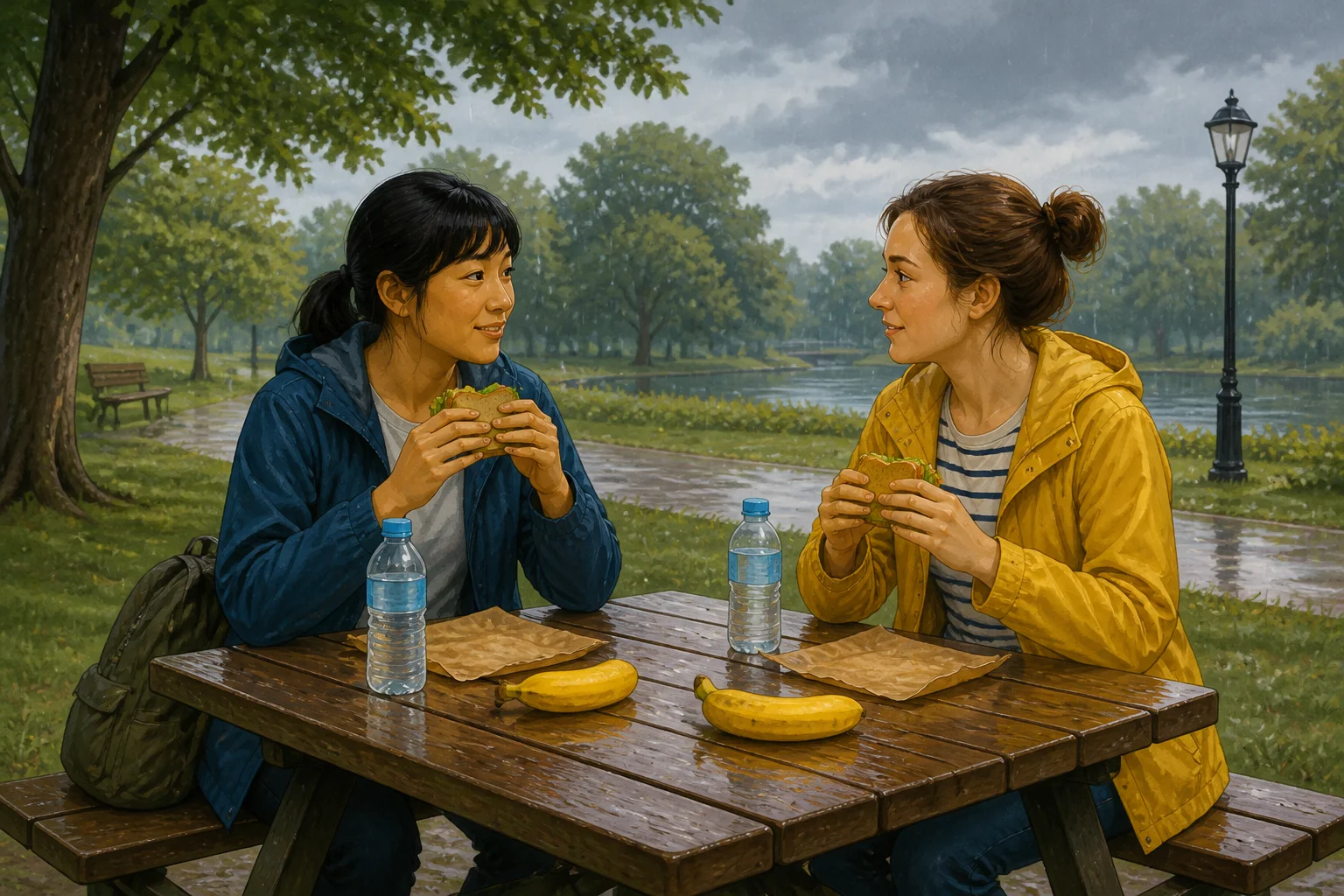 Kim and Jo sit at a park picnic table with sandwiches, water and two bananas as rain begins to fall.