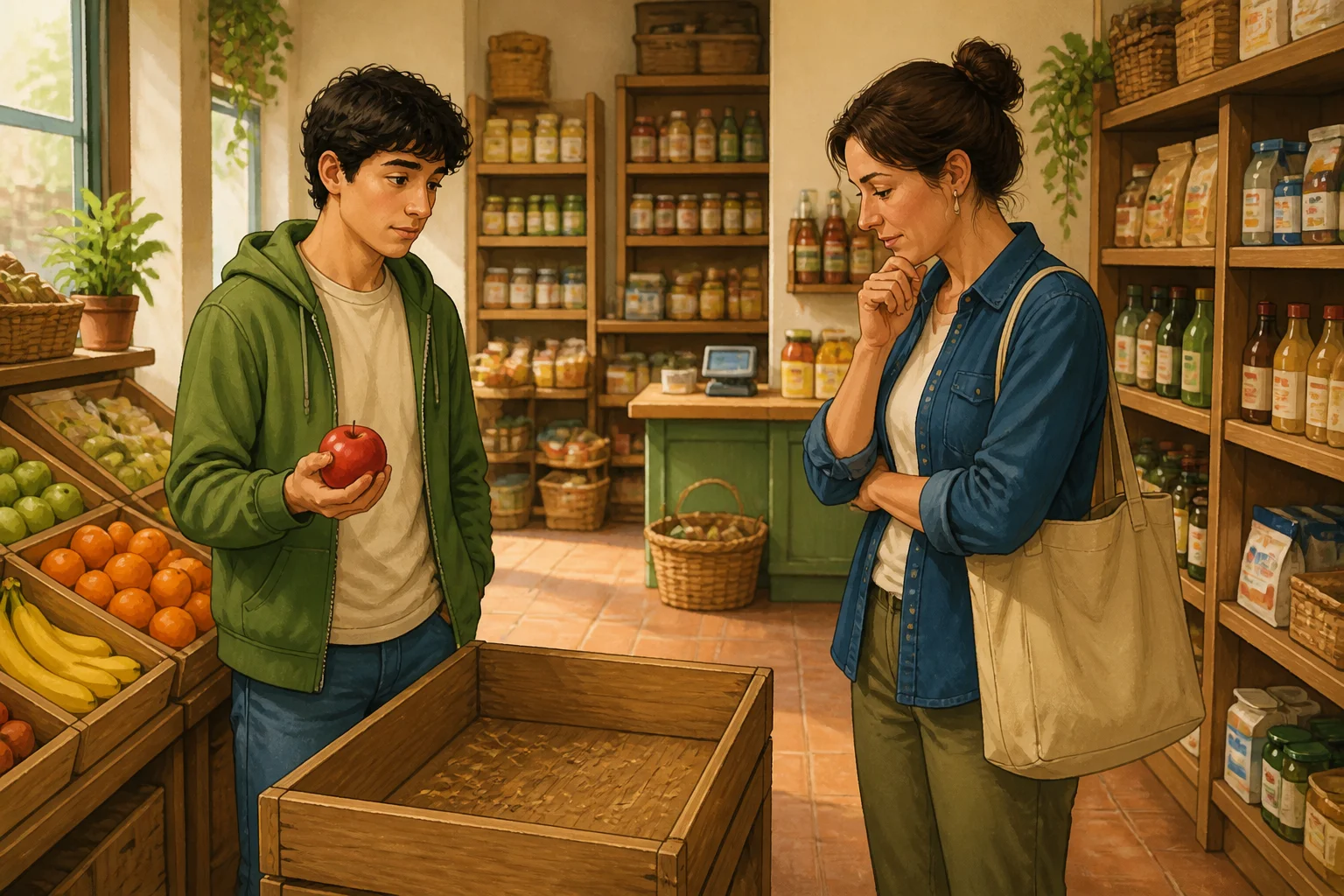 Leo holds the last red apple beside an empty fruit box while a woman looks at the box in a small grocery shop.