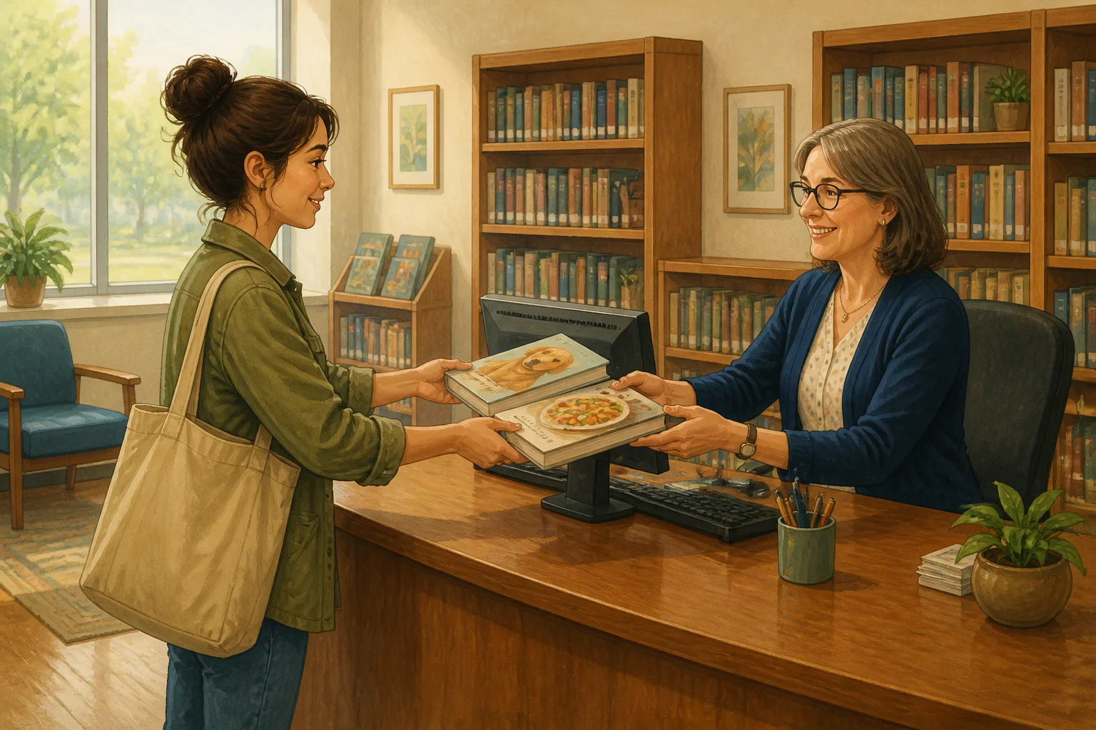 Nina returns two books, one with a dog on its cover and one about food, to a librarian at the desk.