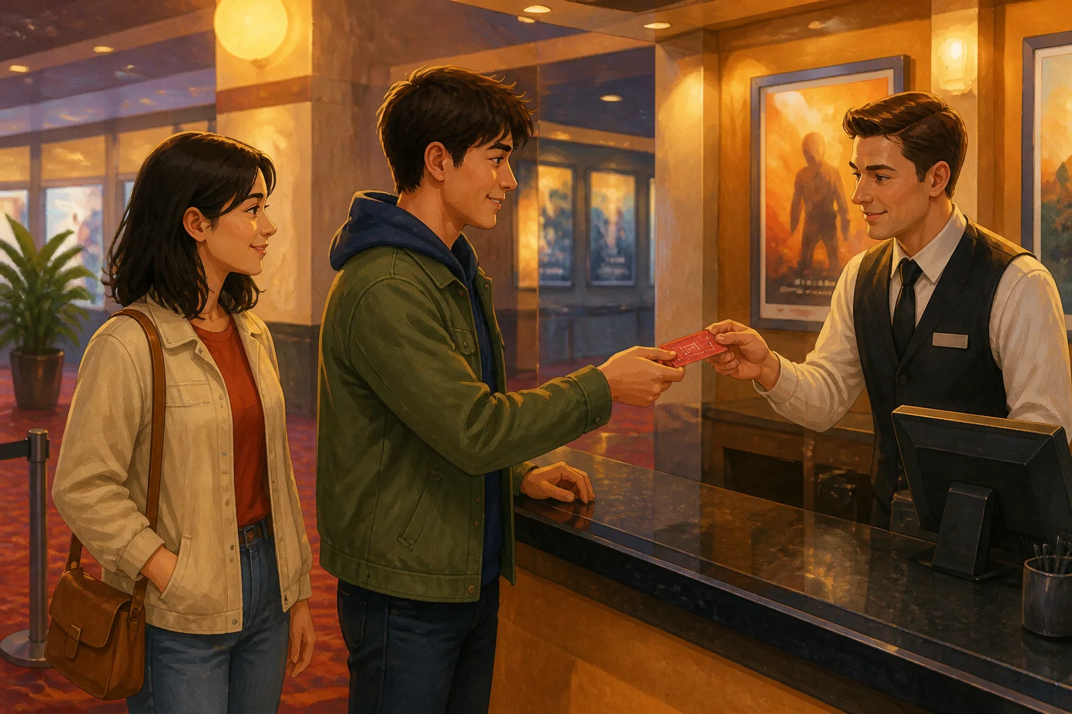 Dan offers a red cinema ticket to an attendant while his friend May waits beside him.
