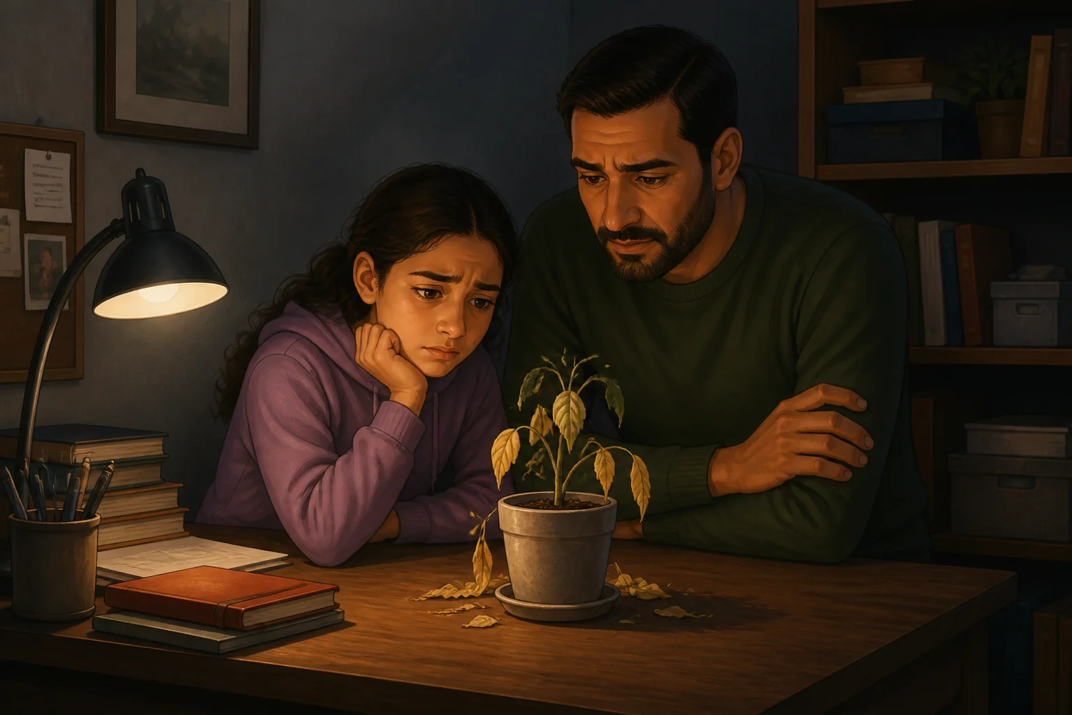 Amira and her father look at a small plant with yellowing leaves on a desk in a dark corner.