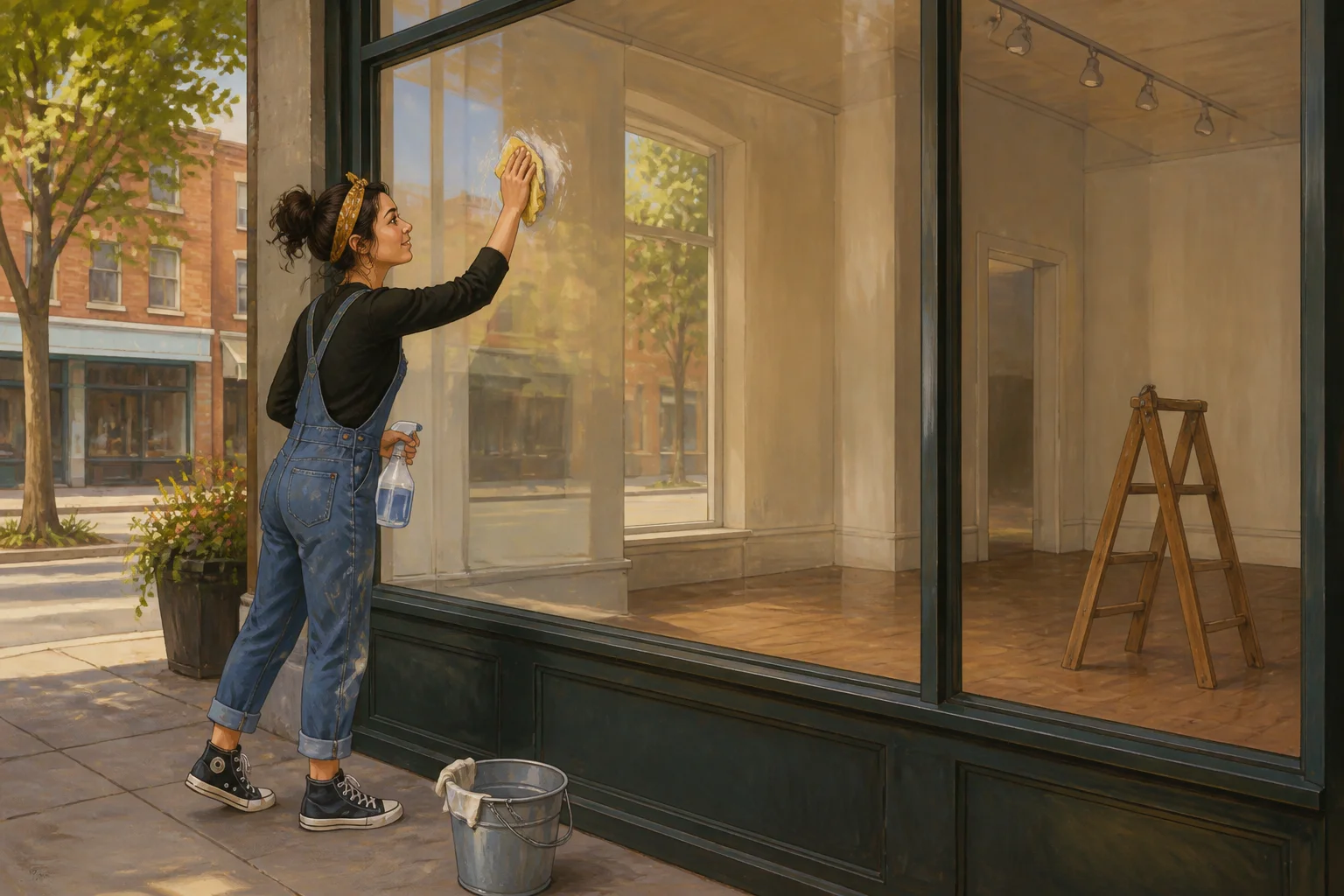 Ada cleans a large empty shop window in preparation for displaying local art.