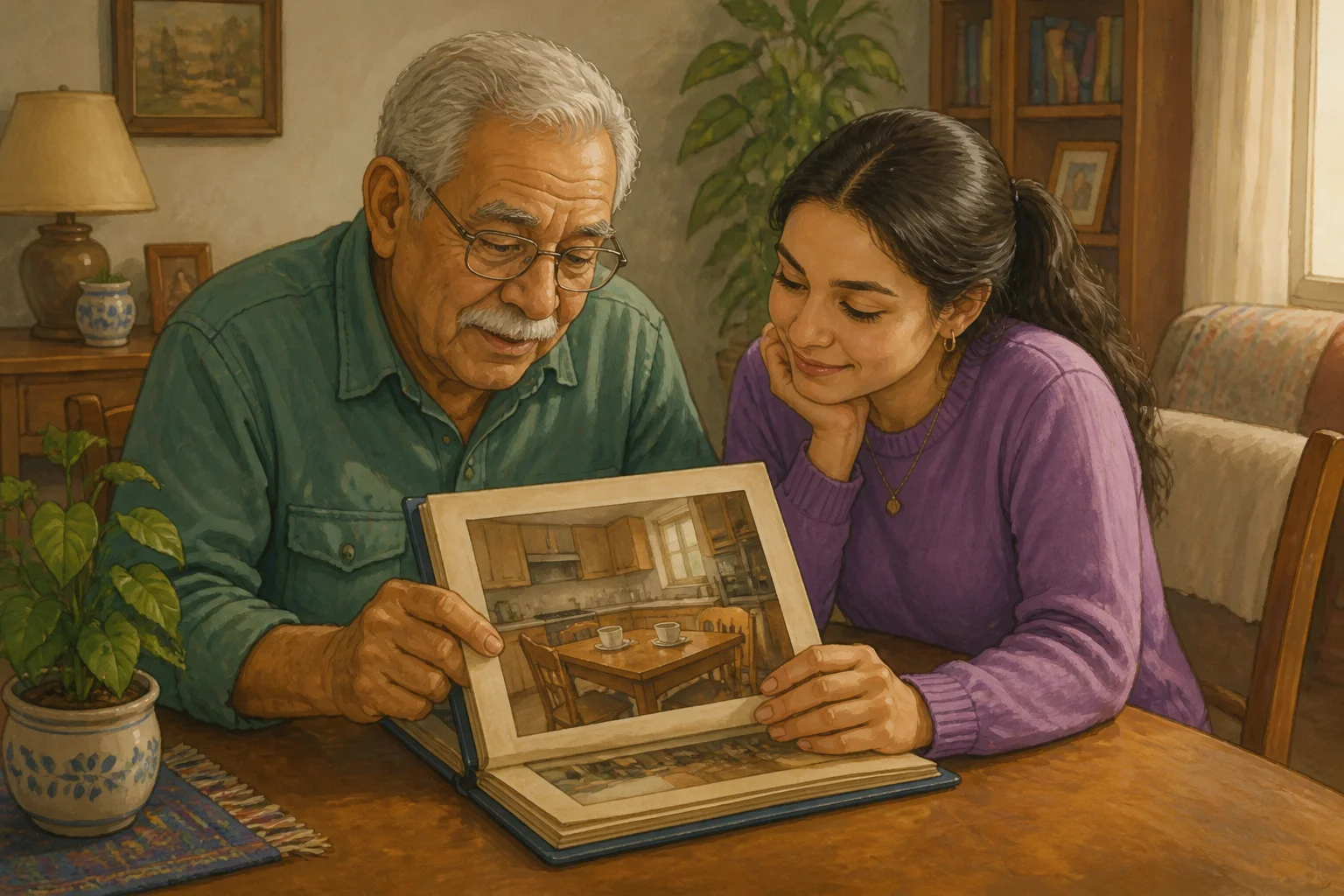 Rosa and her grandfather look through a photo album at a picture of an empty kitchen with two cups on the table.