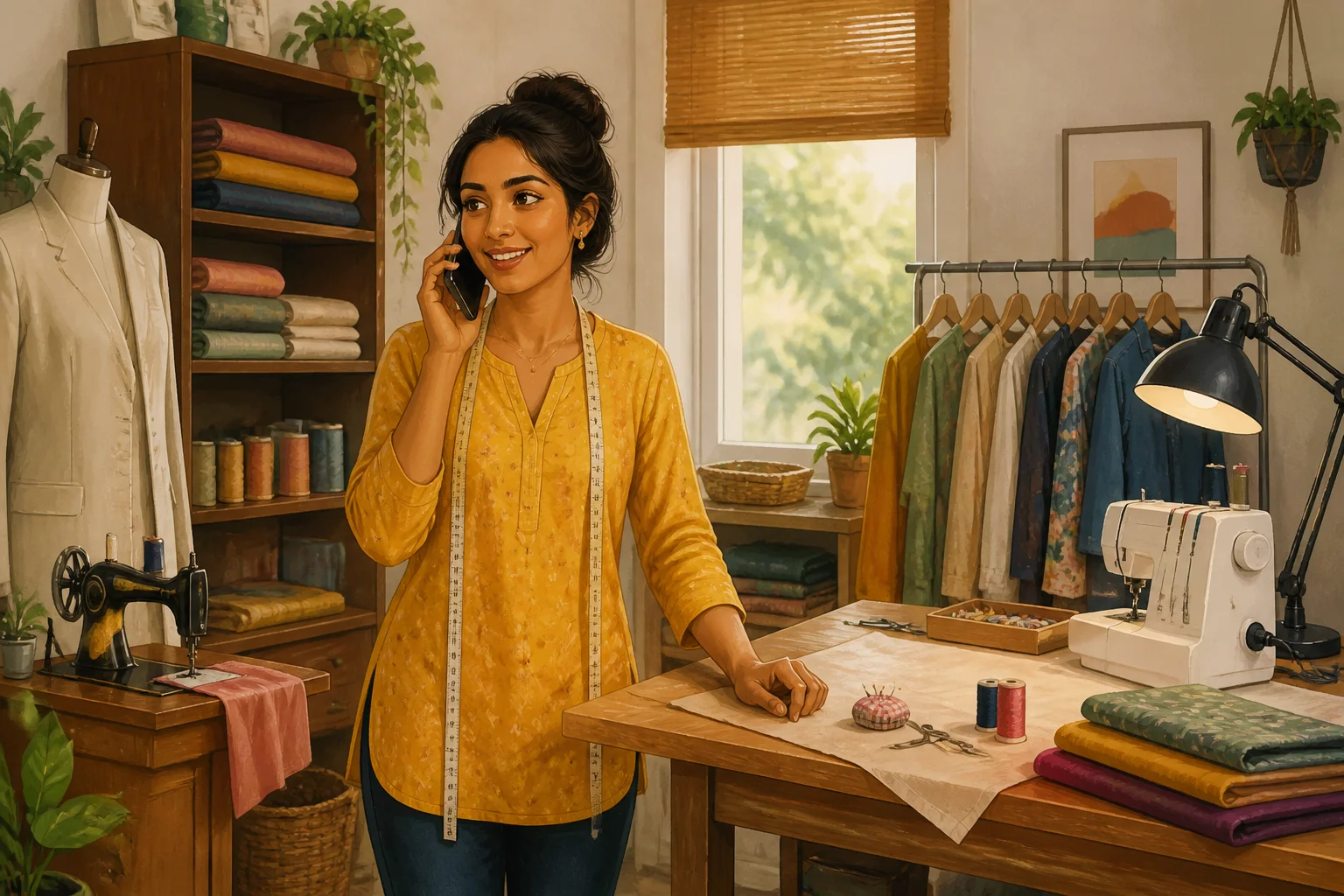 Priya answers a phone call in her newly arranged clothing repair shop, surrounded by sewing machines and folded fabric.