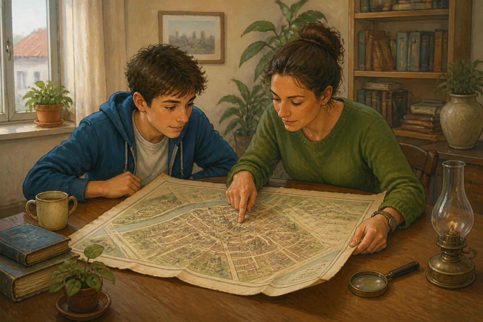 Ivo and his aunt unfold an illustrated old city map on a table and look for a familiar place.