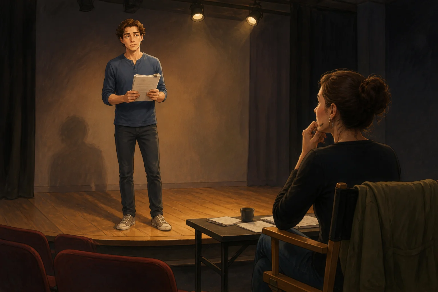 Jon hesitates with his script on a small theatre stage while a seated director watches his audition.