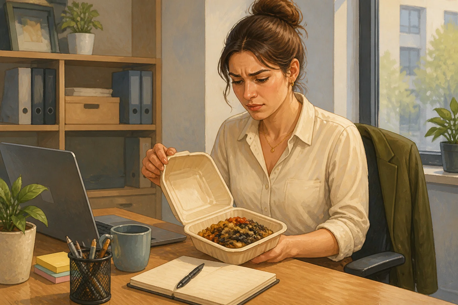 Clara opens a takeaway food container at an office desk and looks puzzled at the unfamiliar meal.