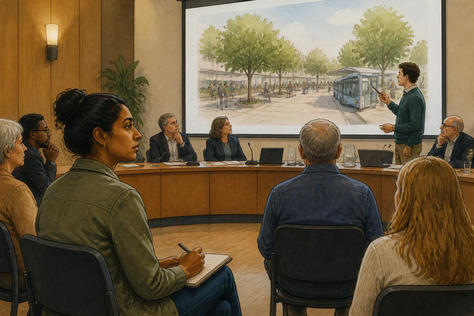 Asha attends a council meeting where a plan of a station square with trees and a relocated bus stop is projected on a screen.
