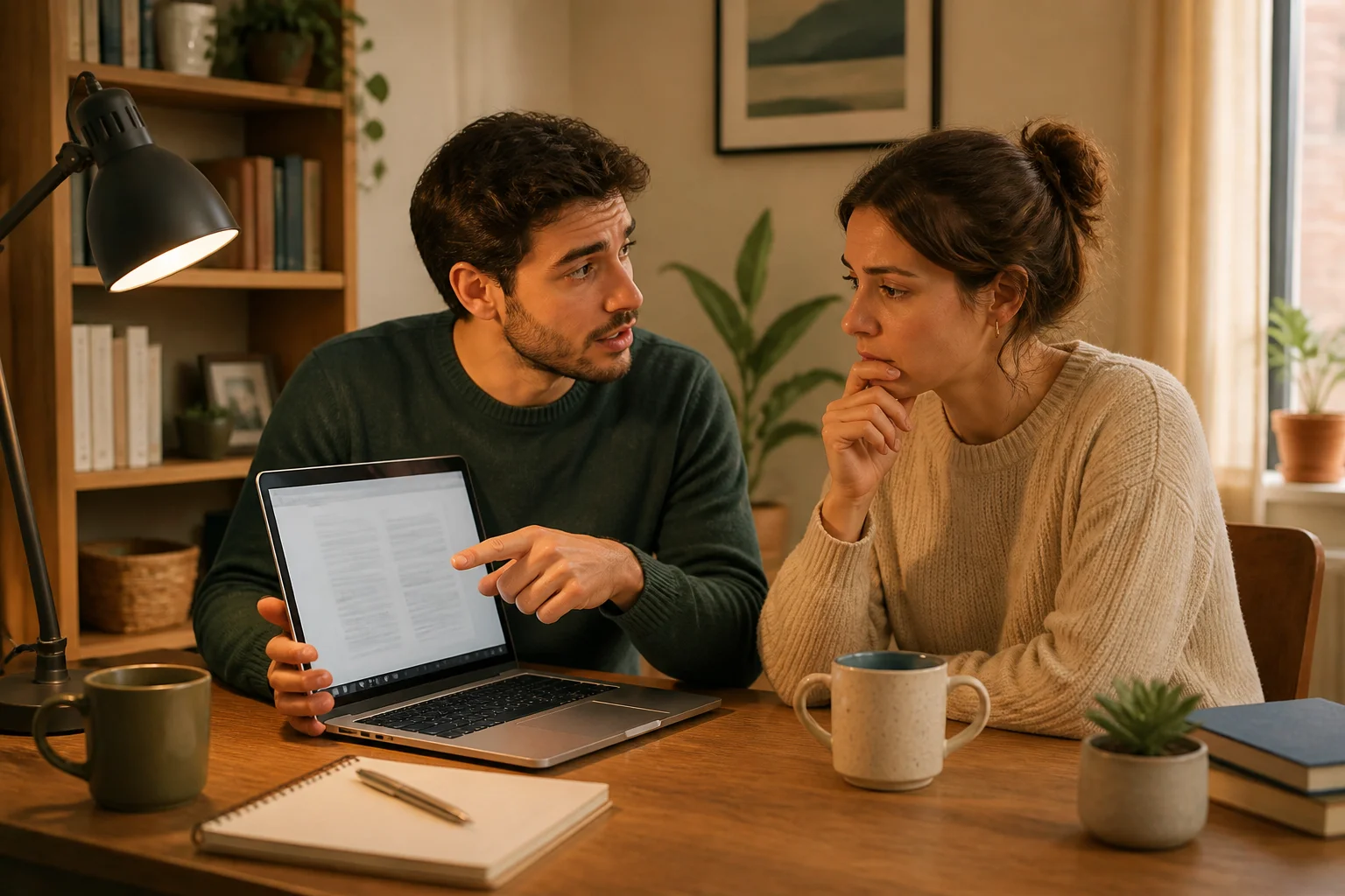 Tomas shows his partner a draft message on a laptop at their home desk while they discuss the noise upstairs.