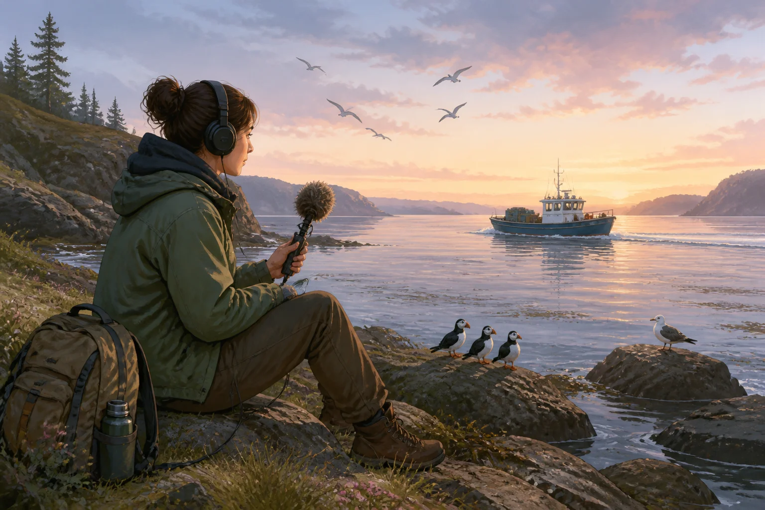 June records seabirds with a microphone at a remote bay at dawn as a small supply boat crosses the water.