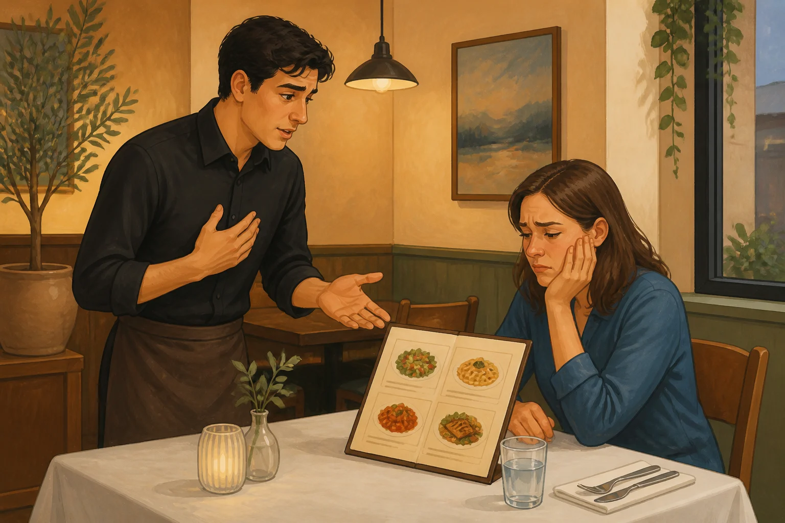 Niko speaks with a disappointed customer at a restaurant table with a short menu and four simple dish illustrations.