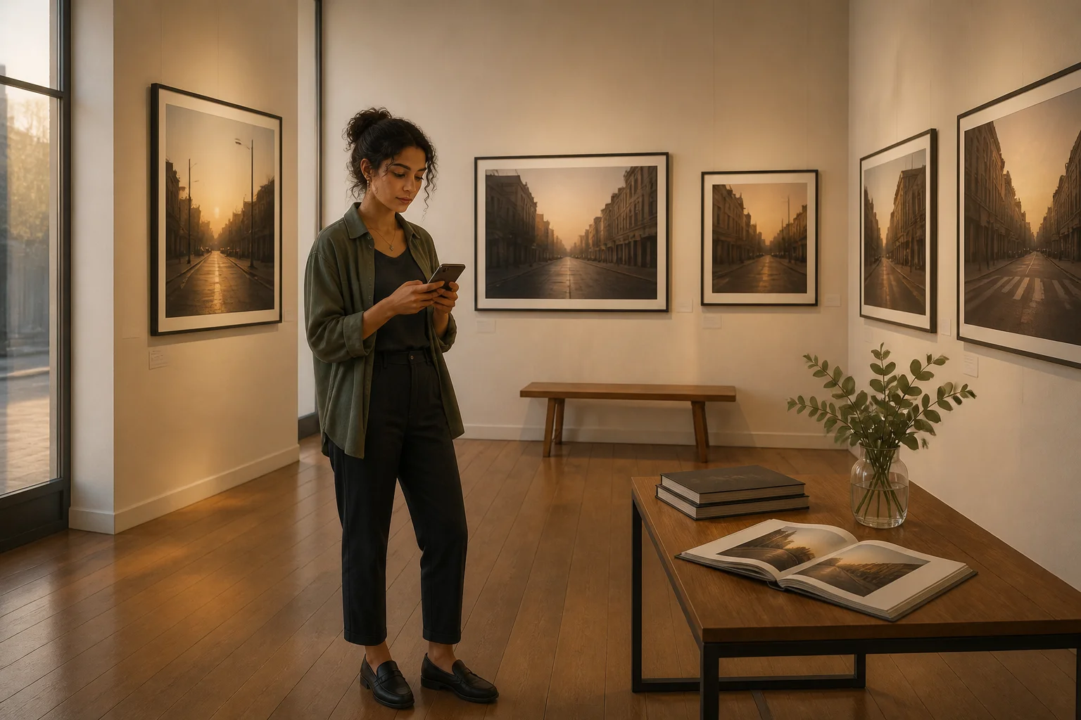 Leila stands in her exhibition of photographs of empty streets at dawn, reading a review on her phone.