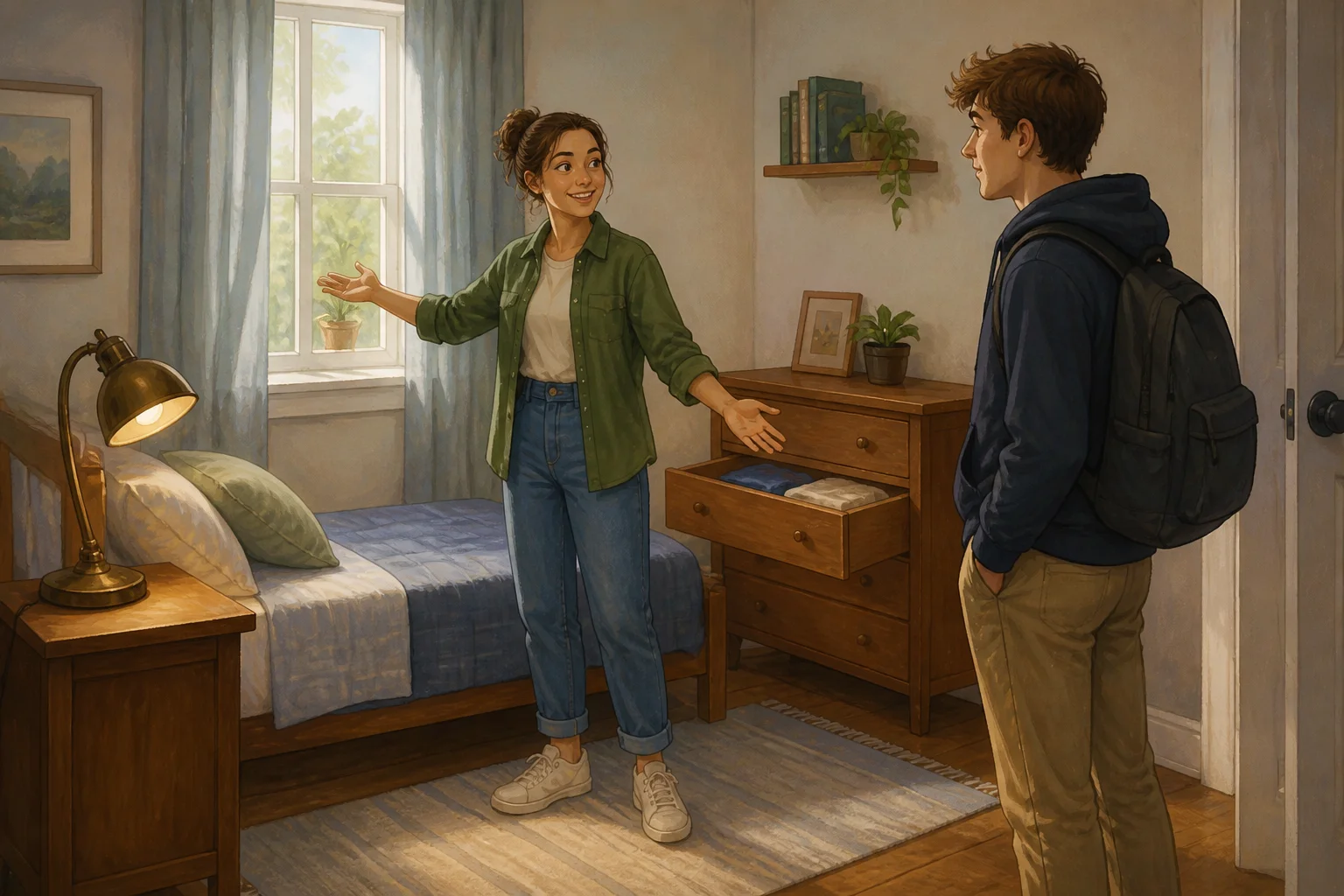 Nora shows her brother Leo a carefully prepared spare bedroom with fresh curtains, an open drawer and an old reading lamp.