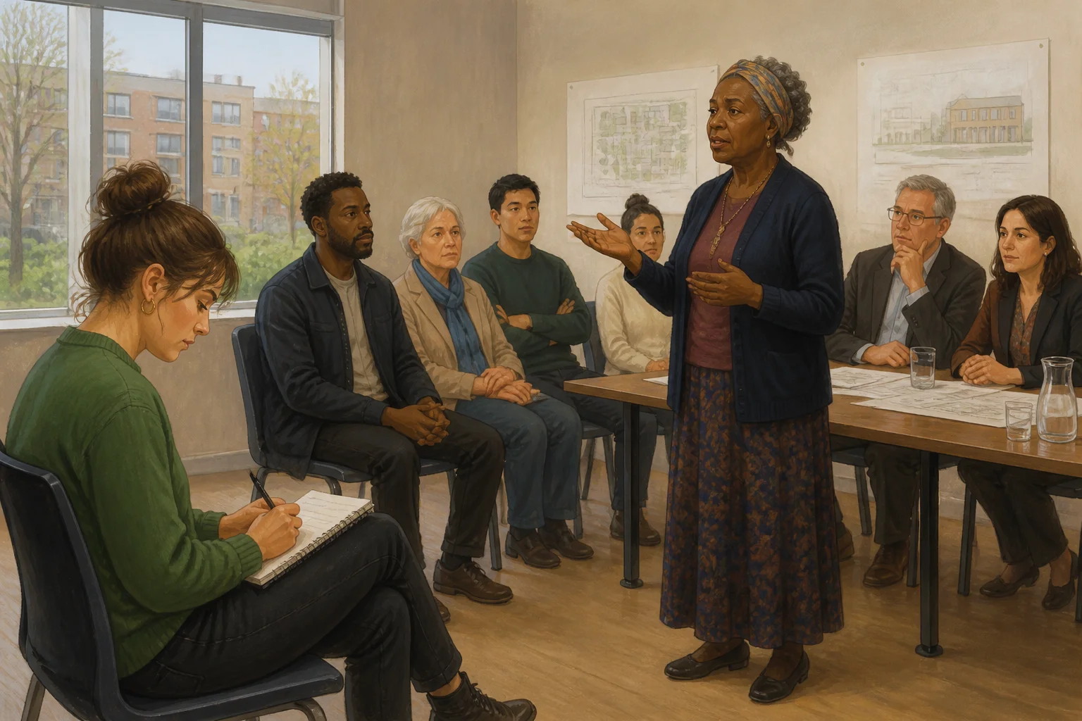 Iris, a young woman, takes notes at a redevelopment committee meeting while an older woman who lives on the estate addresses a silent room.