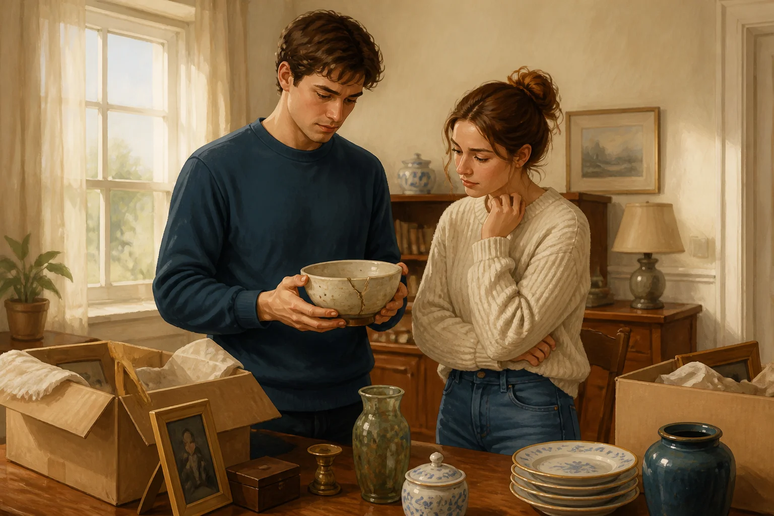 Daniel and Elise look at a cracked ceramic bowl on a table among objects from their mother's house.