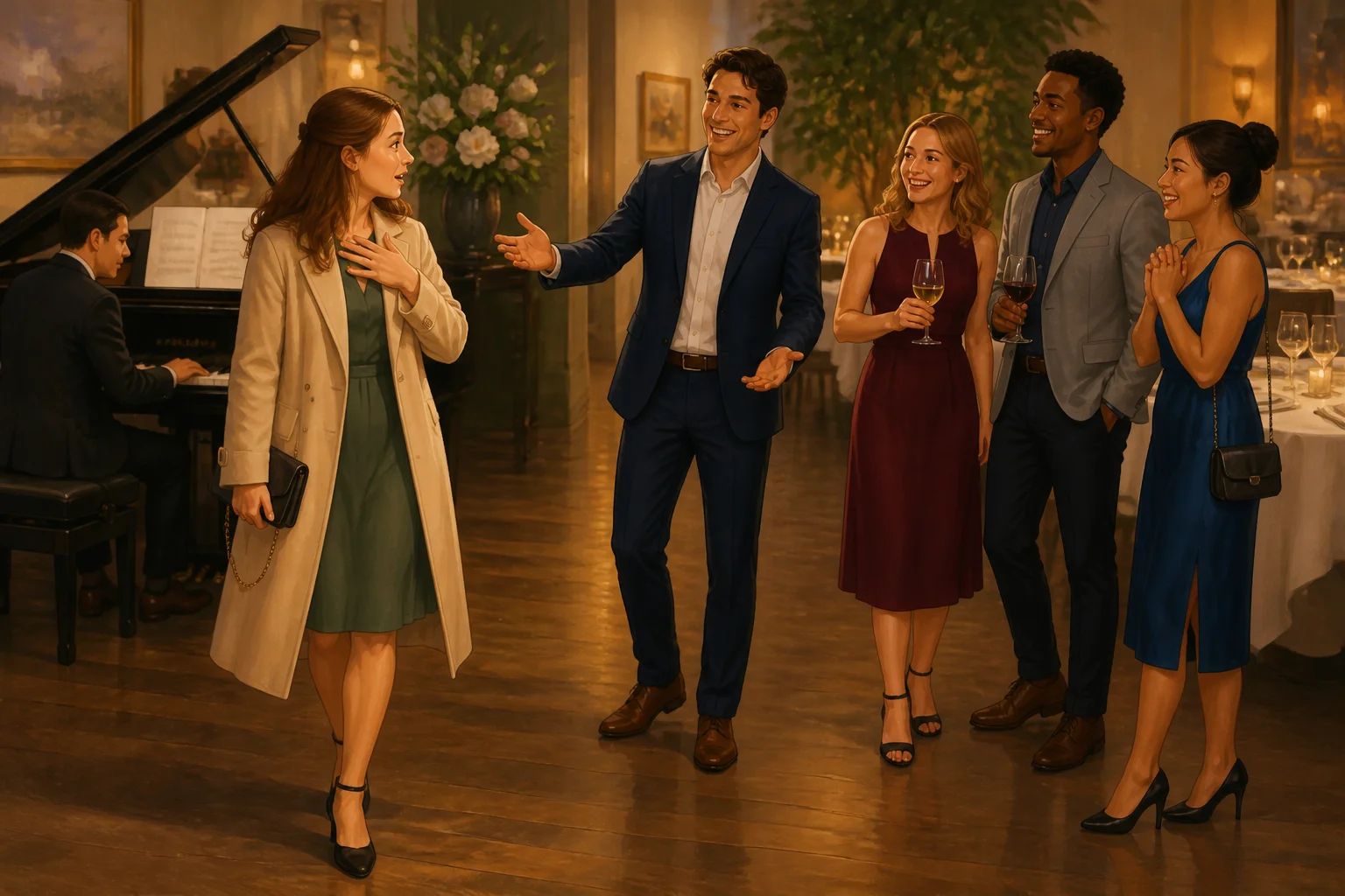 Beth arrives at a restaurant anniversary dinner, briefly surprised as Owen and their friends welcome her near a pianist.