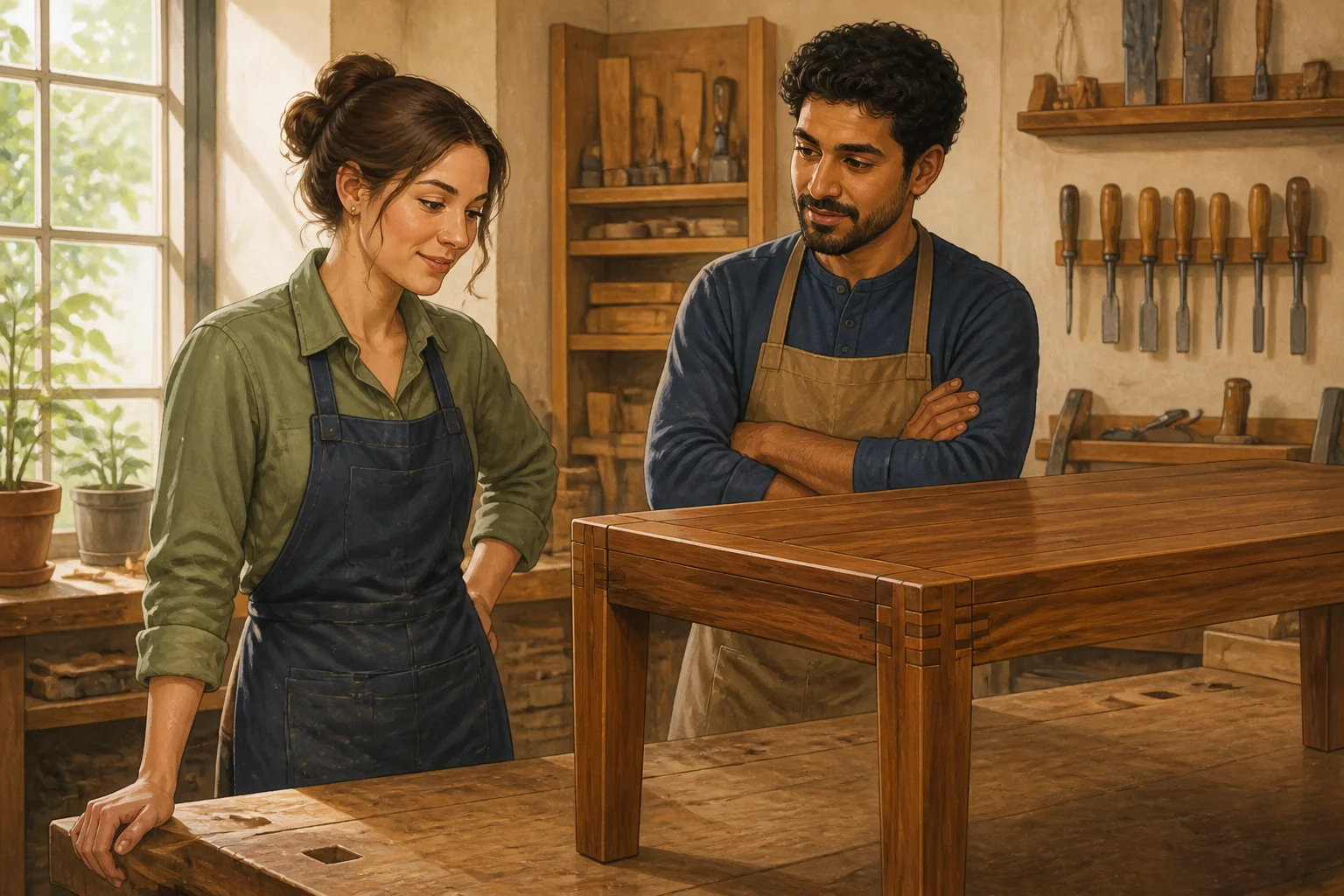 Lena and Yusuf stand at a woodworking bench beside a carefully crafted table with a visible wooden joint.