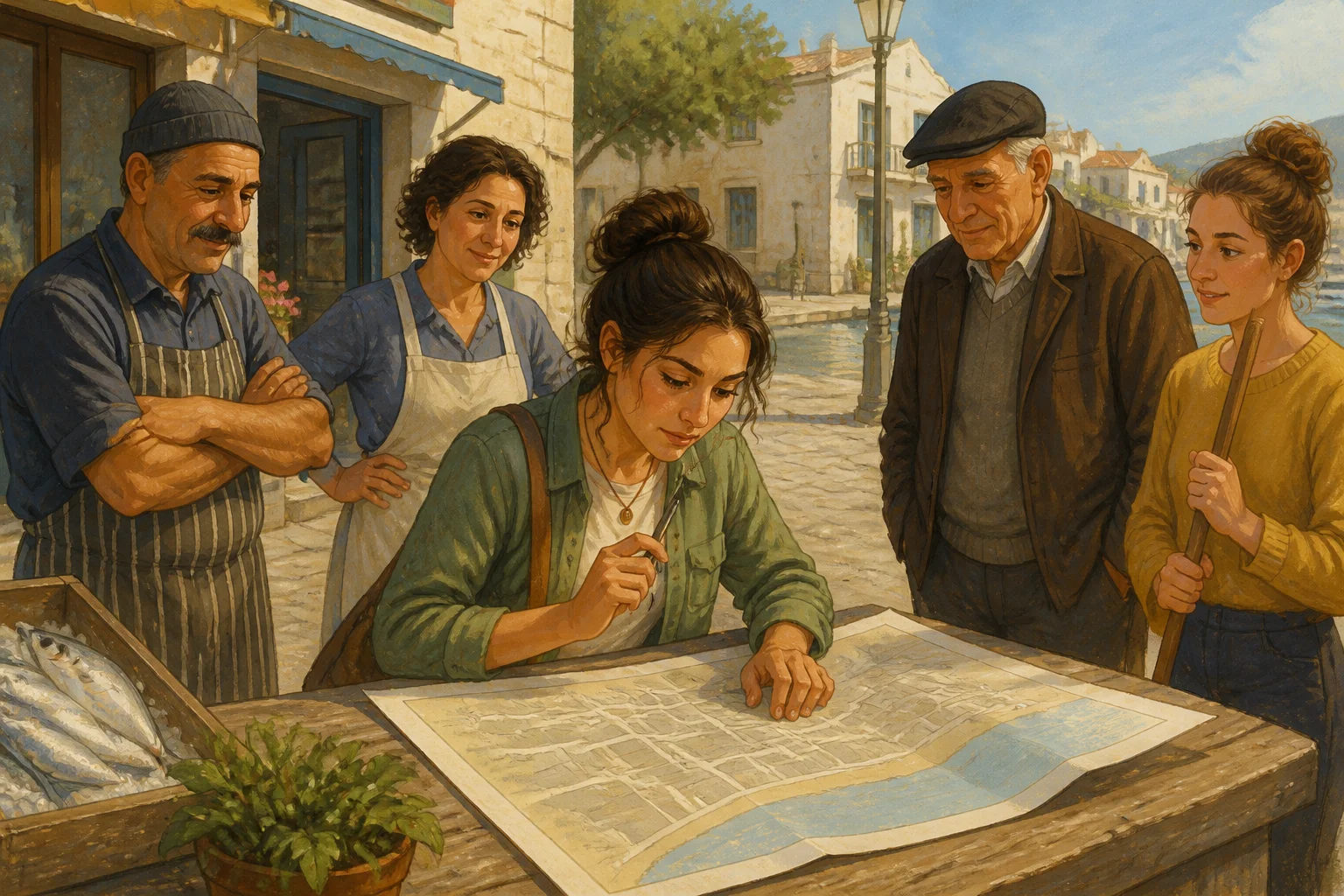 Mara studies a map of a town street whose old harbour steps have disappeared, with shopkeepers and residents nearby.