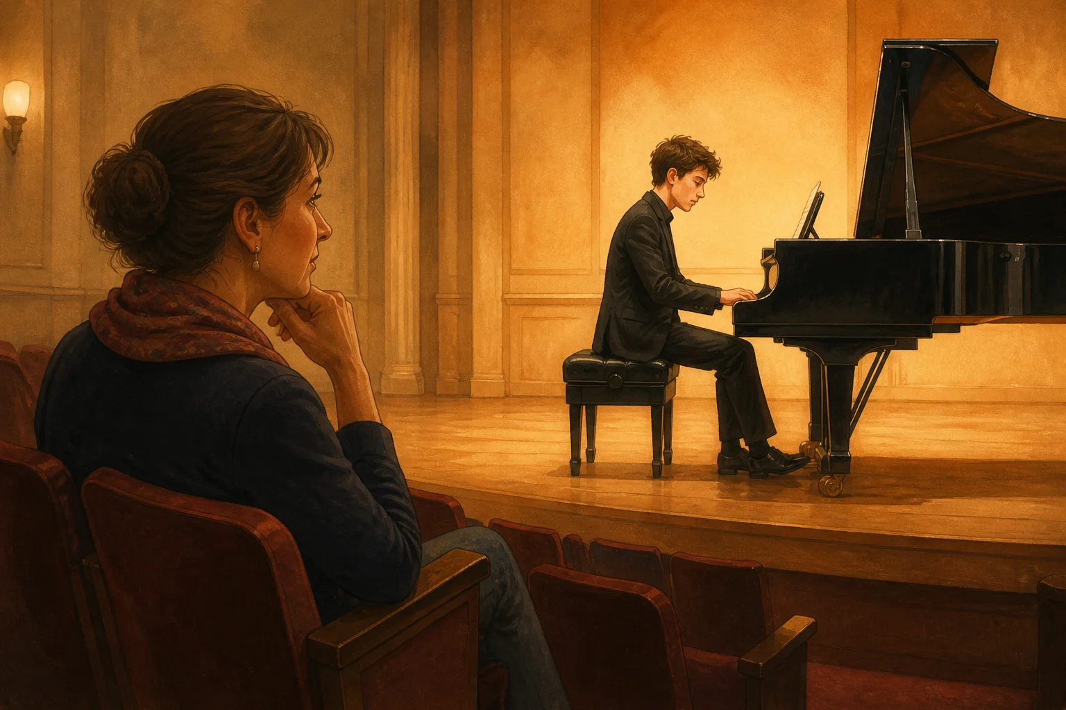 Clara listens thoughtfully from the audience as her former pupil Tomas performs at a piano under warm concert lighting.