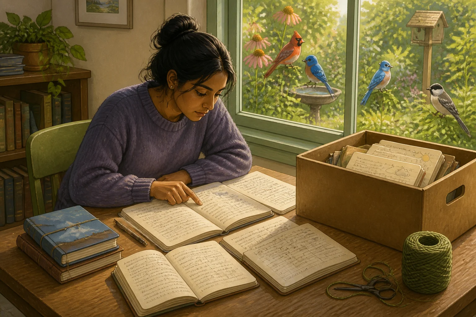 Anika studies handwritten weather notebooks beside a cardboard box and garden string, with a bird-filled garden outside the window.
