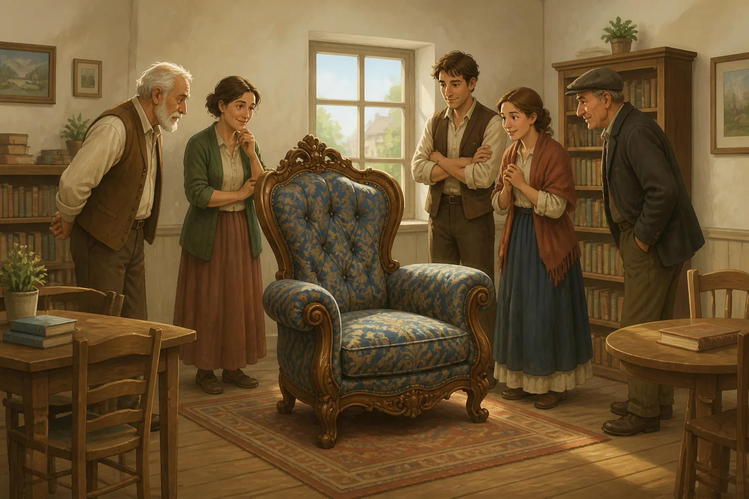 Villagers examine an oversized ornate upholstered chair among the modest furniture of a small reading room.