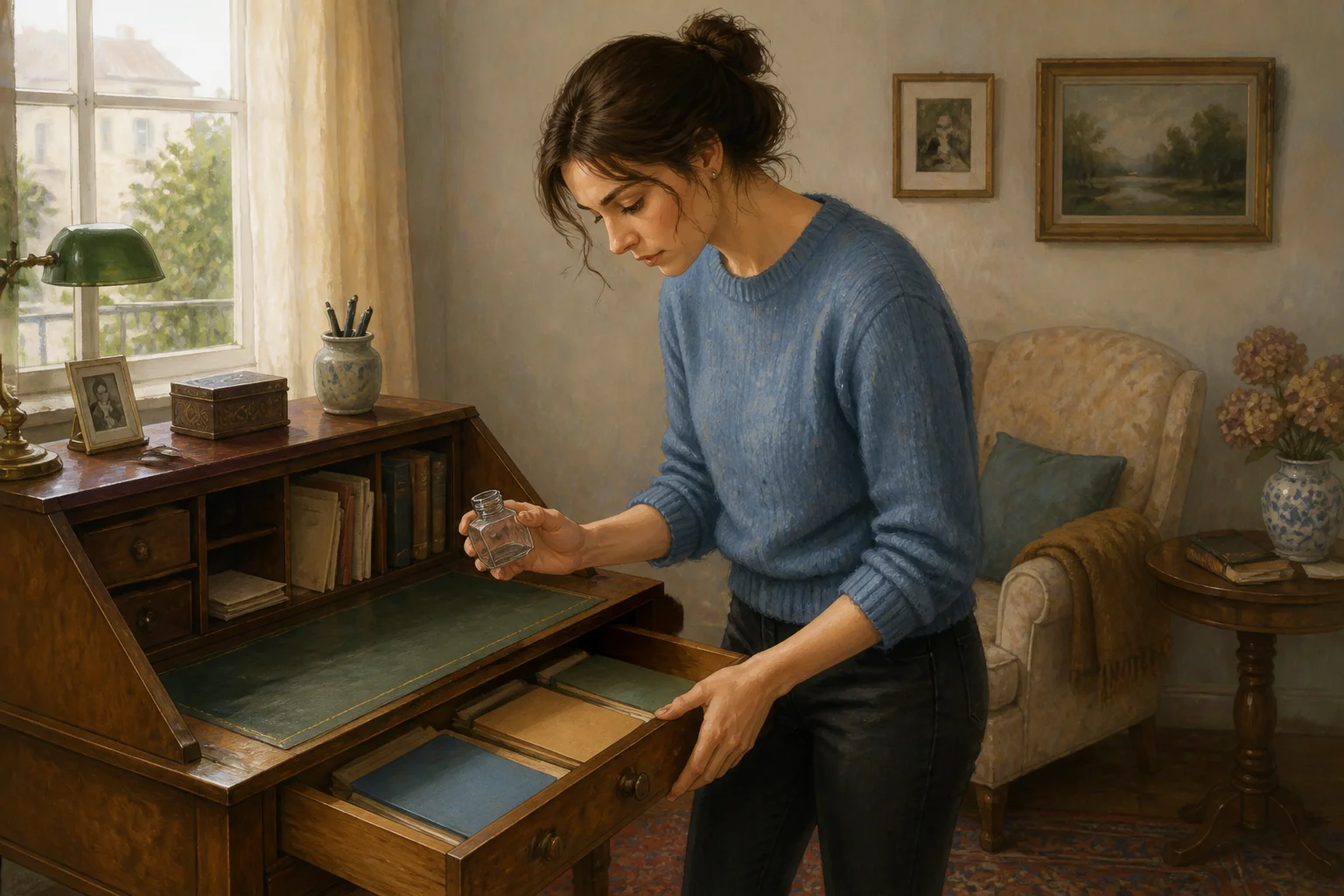 Amelie opens a drawer of an inherited writing desk beside a window, finding neat folders and an empty ink bottle.