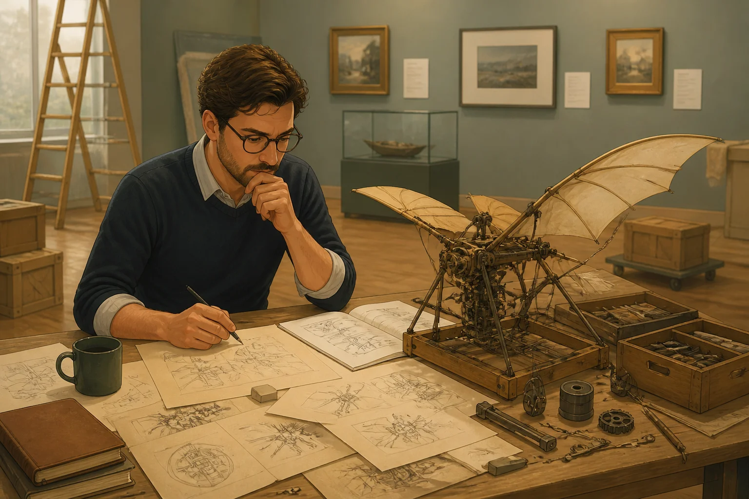 Rowan, a male curator, studies unfinished sketches and an incomplete invention while planning a gallery exhibition.