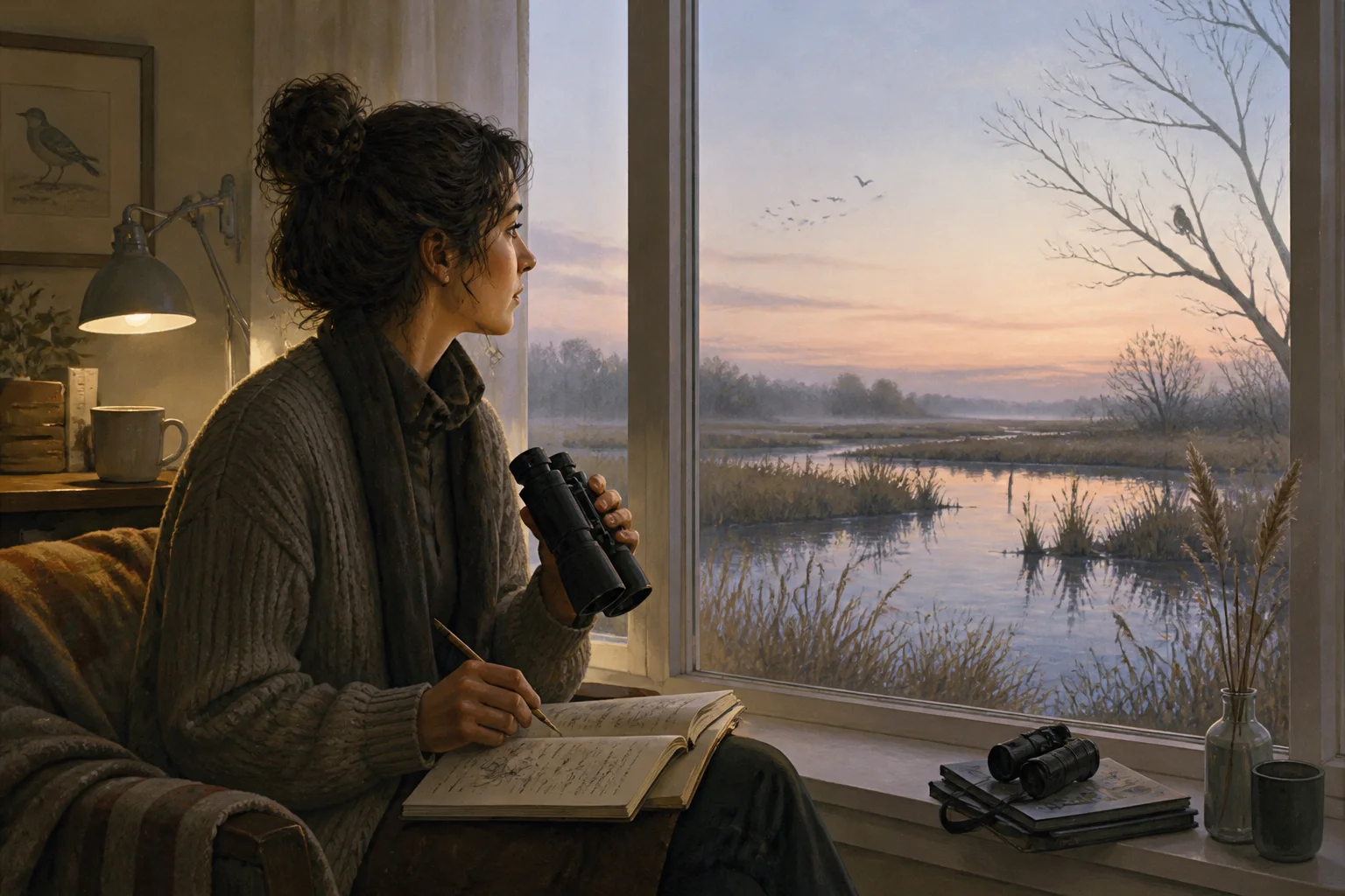 Hester sits at her window before dawn with a birdwatching notebook and binoculars, listening toward the marsh outside.
