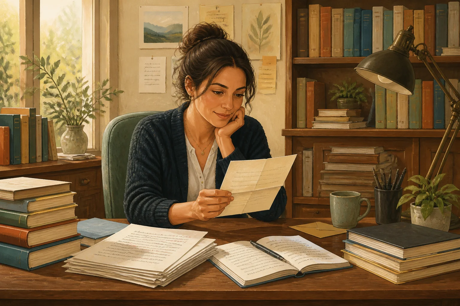A small publishing business owner sits at a desk reading a letter from a sibling, surrounded by books and manuscript pages.