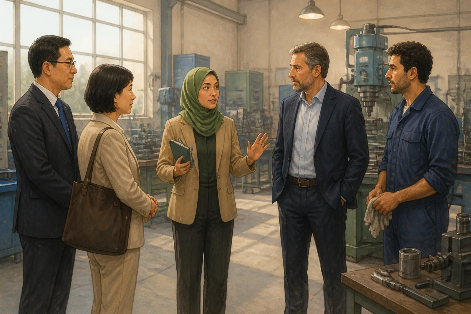 Nadia pauses while interpreting between a visiting delegation, a factory director and a technician in a workshop.